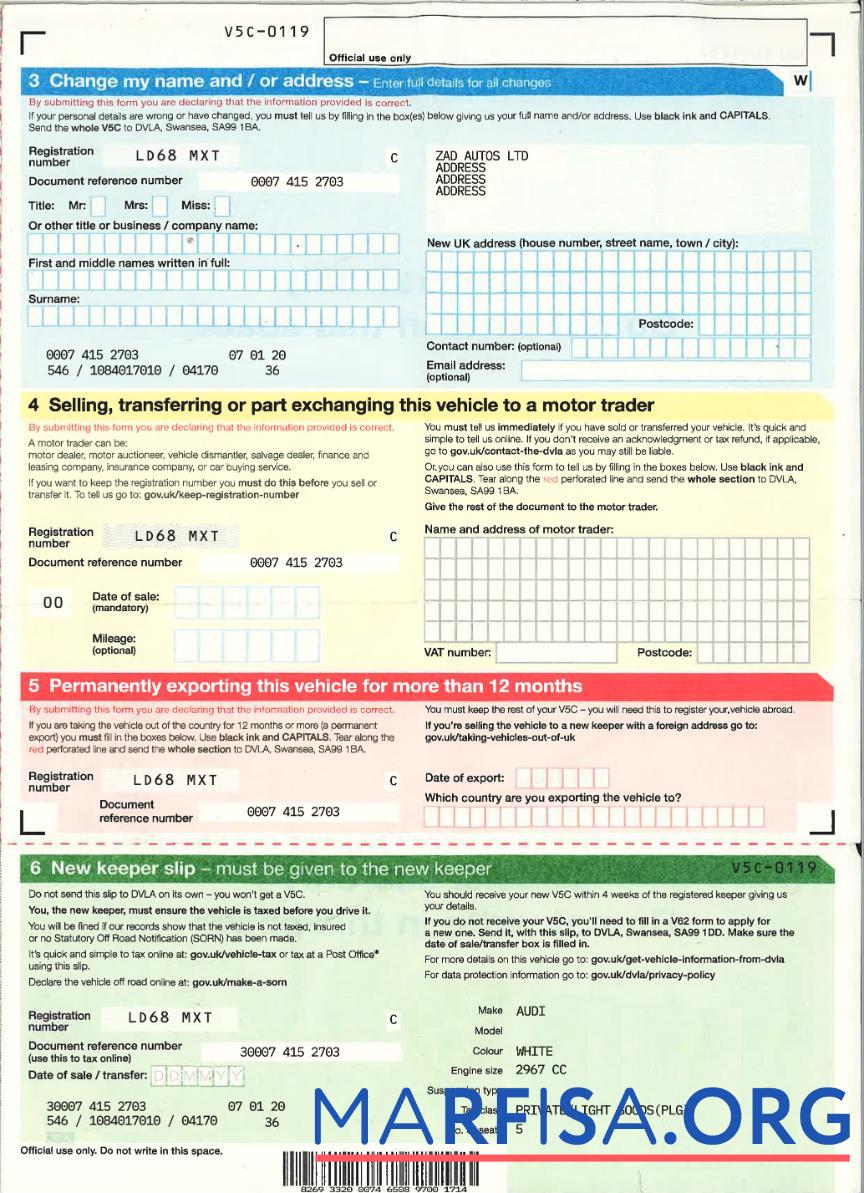 Printable United Kingdom driver,vehicle registration certificate3 real example